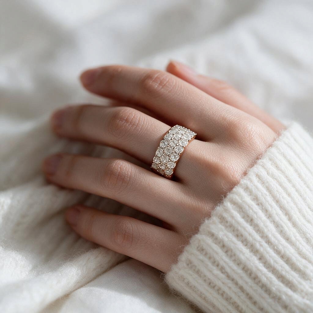 Bee-Bees triple row D Color VVS1 moissanite half eternity band in 18k white gold plated sterling silver on a hand.
