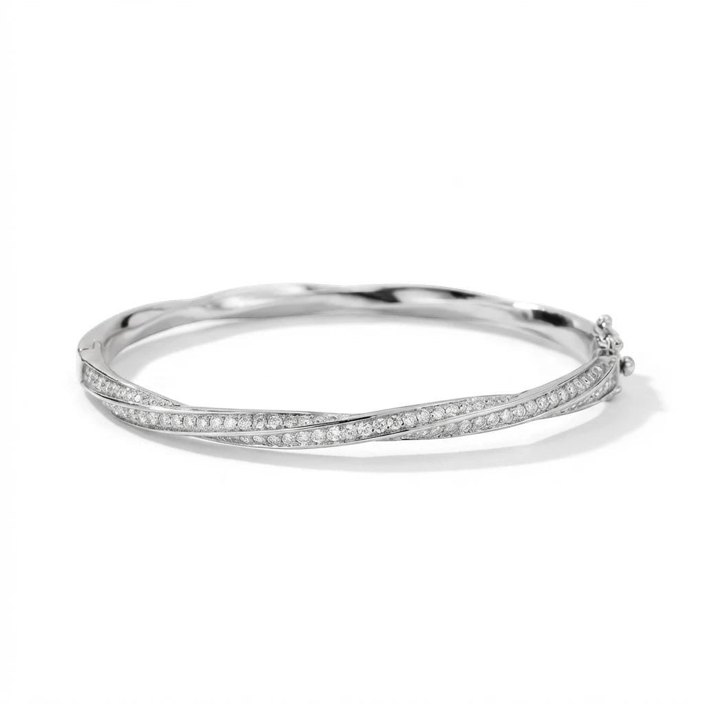 Bee-Bees twisted bangle bracelet with D VVS1 Moissanite stones, crafted from 18K gold-plated S925 silver.