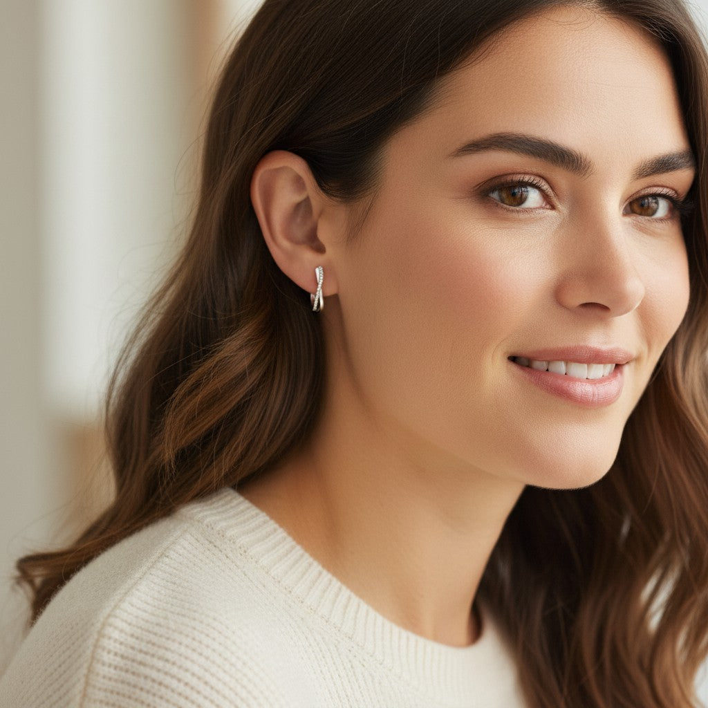 Bee-Bees twisted moissanite hoop earrings in 925 sterling silver worn by a smiling woman with long brown hair