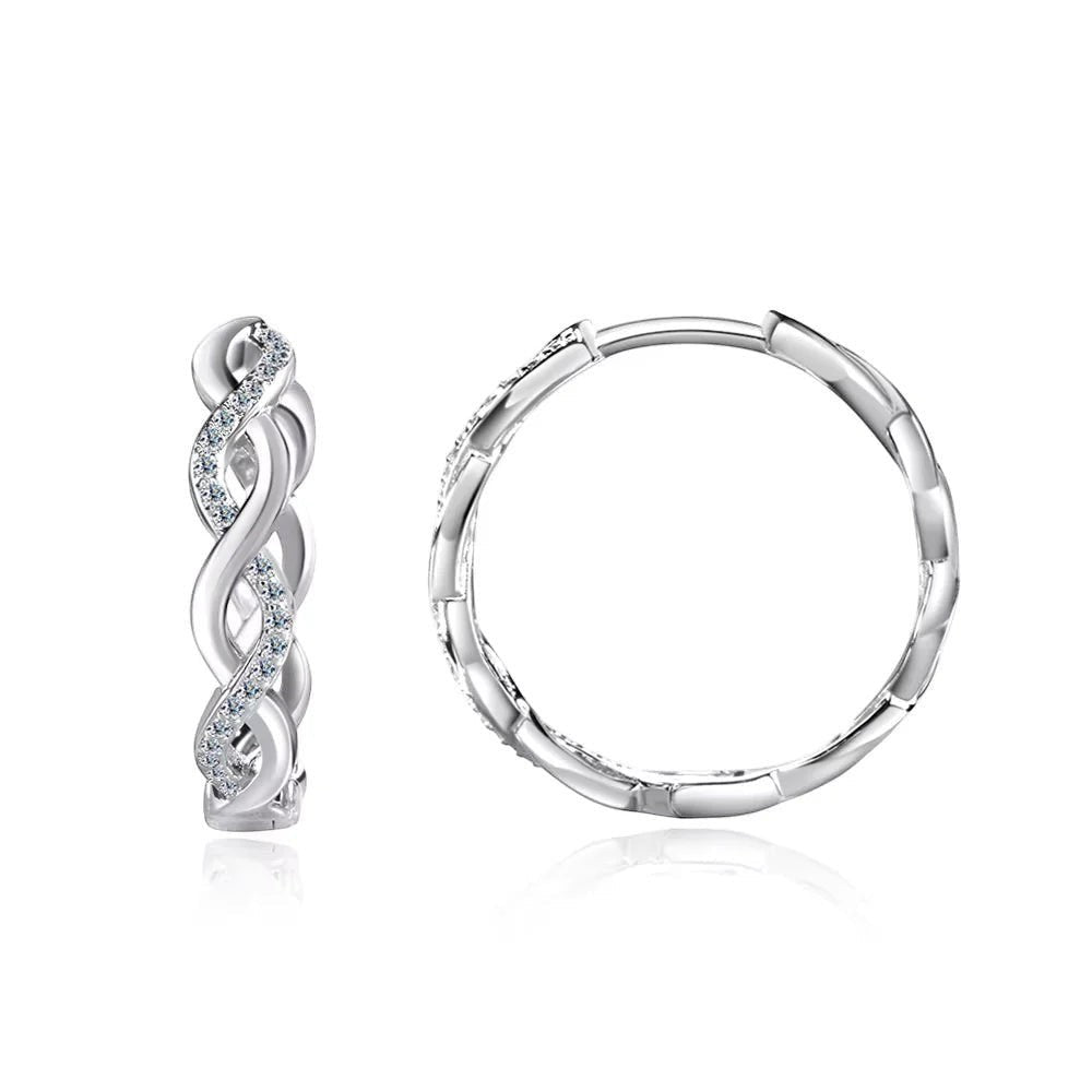 Bee-Bees white gold plated S925 sterling silver twisted hoop earrings with moissanite stones.