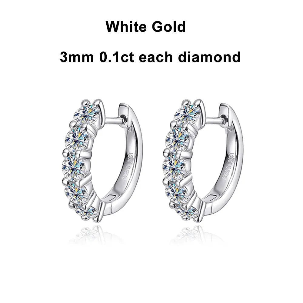 Bee-Bee's white gold hoop dangle earrings with 3mm moissanite stones, GRA certified S925 silver.