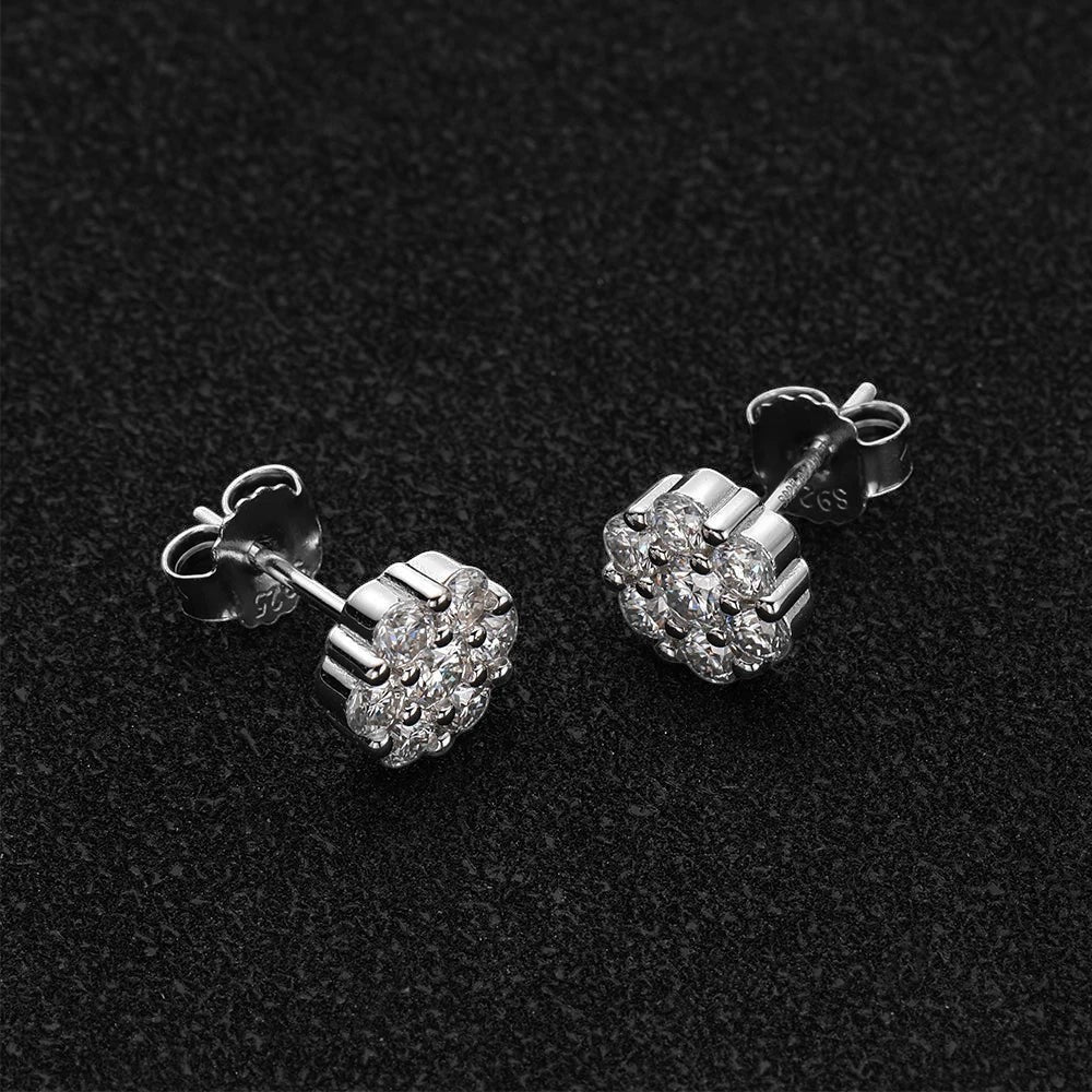 Bee-Bees white gold S925 moissanite stud earrings, 2.5mm to 5mm, featuring a floral cluster design with brilliant-cut stones.