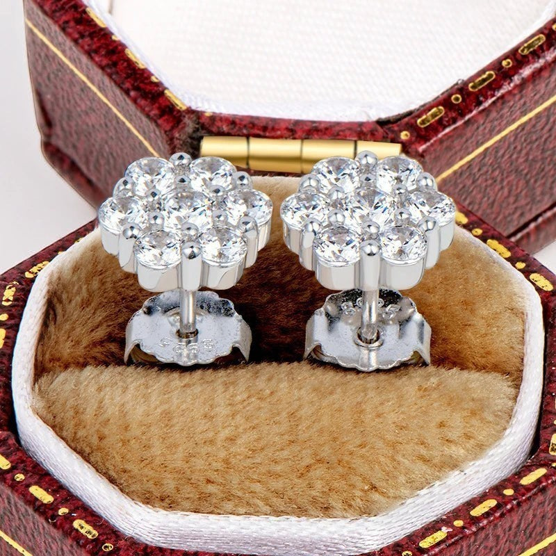 Bee-Bees white gold moissanite stud earrings in a flower cluster design, 18k white gold plated S925 sterling silver.