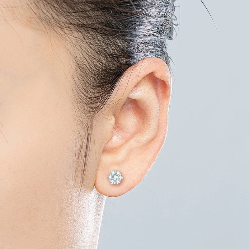 Bee-Bees white gold moissanite stud earrings, 2.5mm to 5mm, D Color VVS1, 4-prong setting, classic flower design.