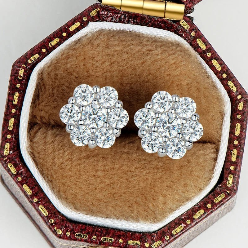 Bee-Bees white gold moissanite flower stud earrings, 2.5mm to 5mm sizes, crafted from S925 sterling silver with 18k white gold plating.