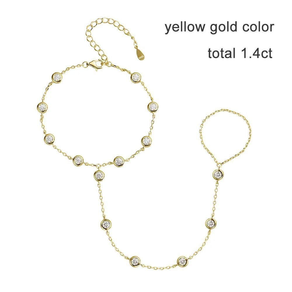 Bee-Bees yellow gold plated 925 silver adjustable bracelet with 3mm moissanite stones and a connected ring.