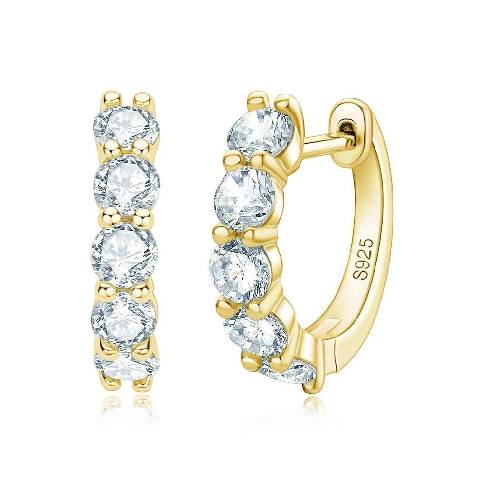 Bee-Bees yellow gold plated sterling silver hoop earrings with 3mm & 4mm round D color moissanite stones.