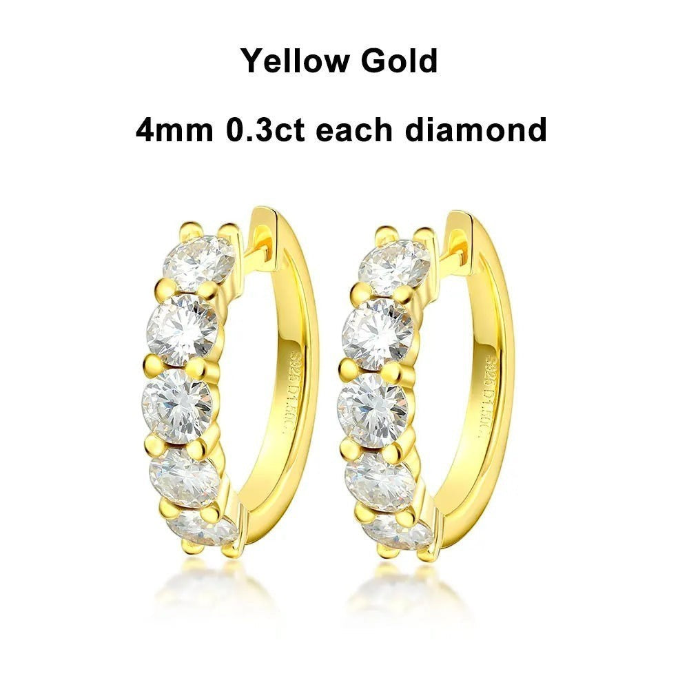 Bee-Bees yellow gold plated sterling silver hoop earrings with 4mm D color moissanite stones.