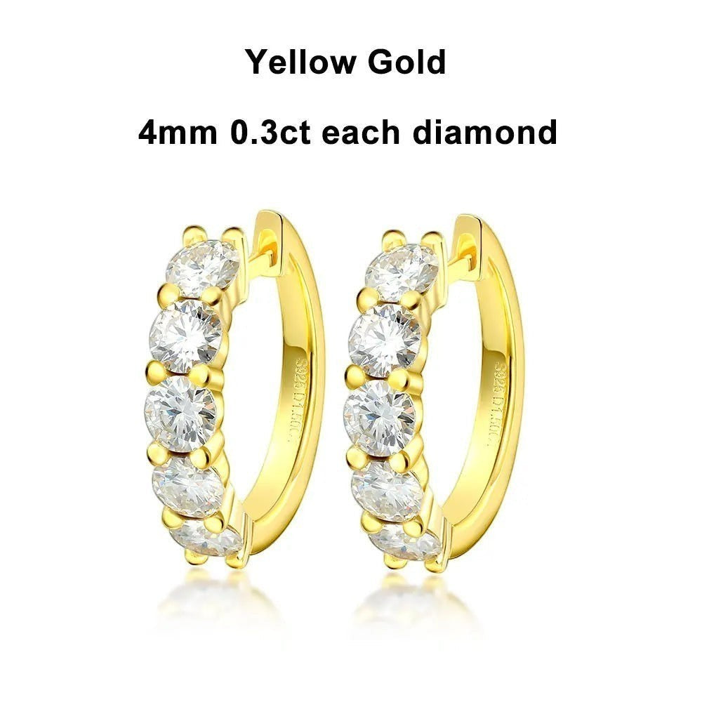 Bee-Bees yellow gold plated sterling silver hoop earrings with 4mm D color moissanite stones.