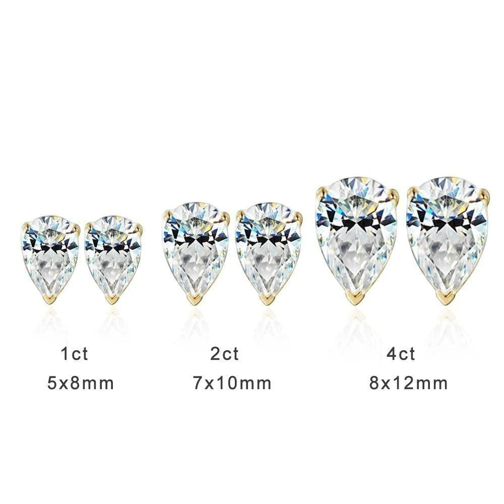 Moissanite size comparison chart showing 1ct (5x8mm), 2ct (7x10mm), and 4ct (8x12mm) pear cut stud earrings side-by-side.