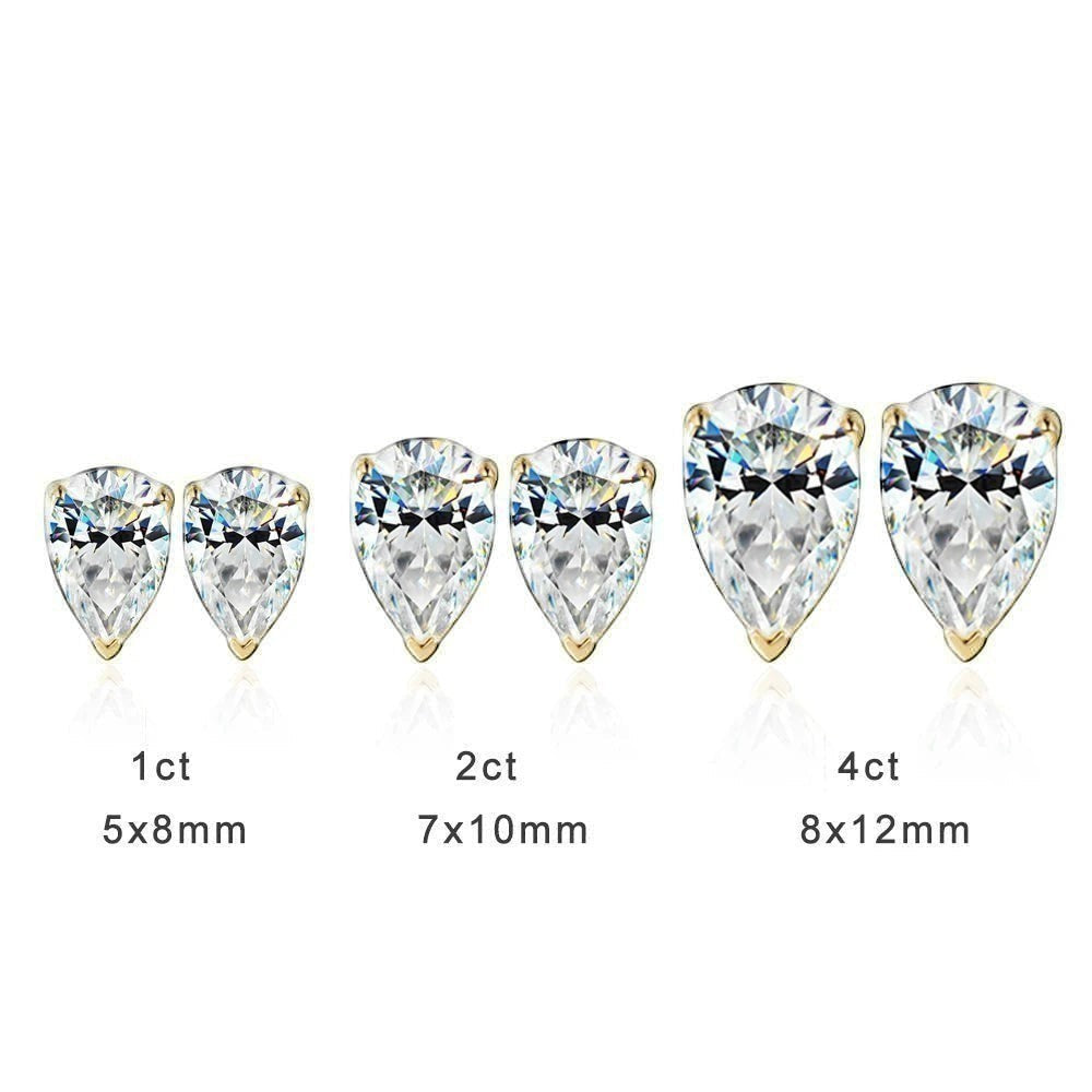 Moissanite size comparison chart showing 1ct (5x8mm), 2ct (7x10mm), and 4ct (8x12mm) pear cut stud earrings side-by-side.